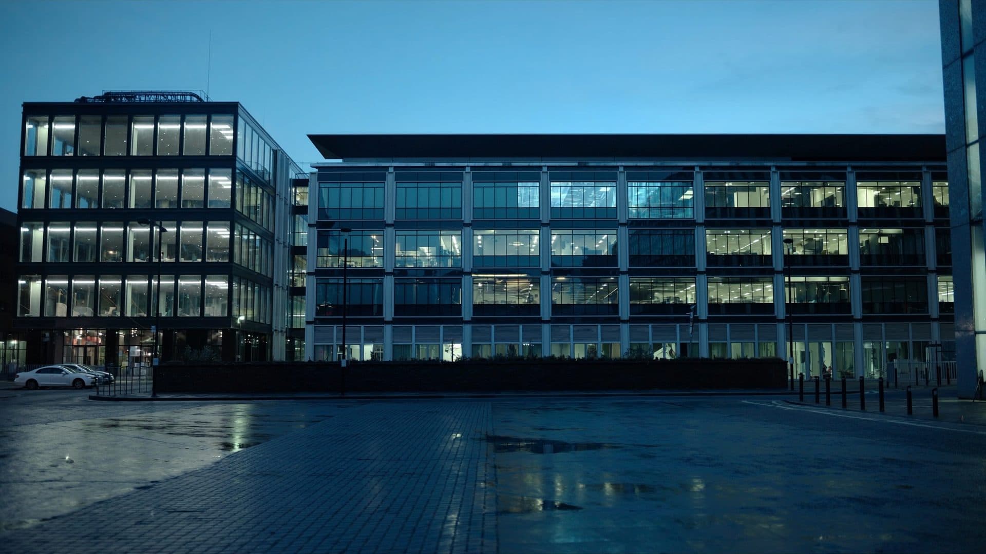 Illustrative: a London commercial office building at dusk
