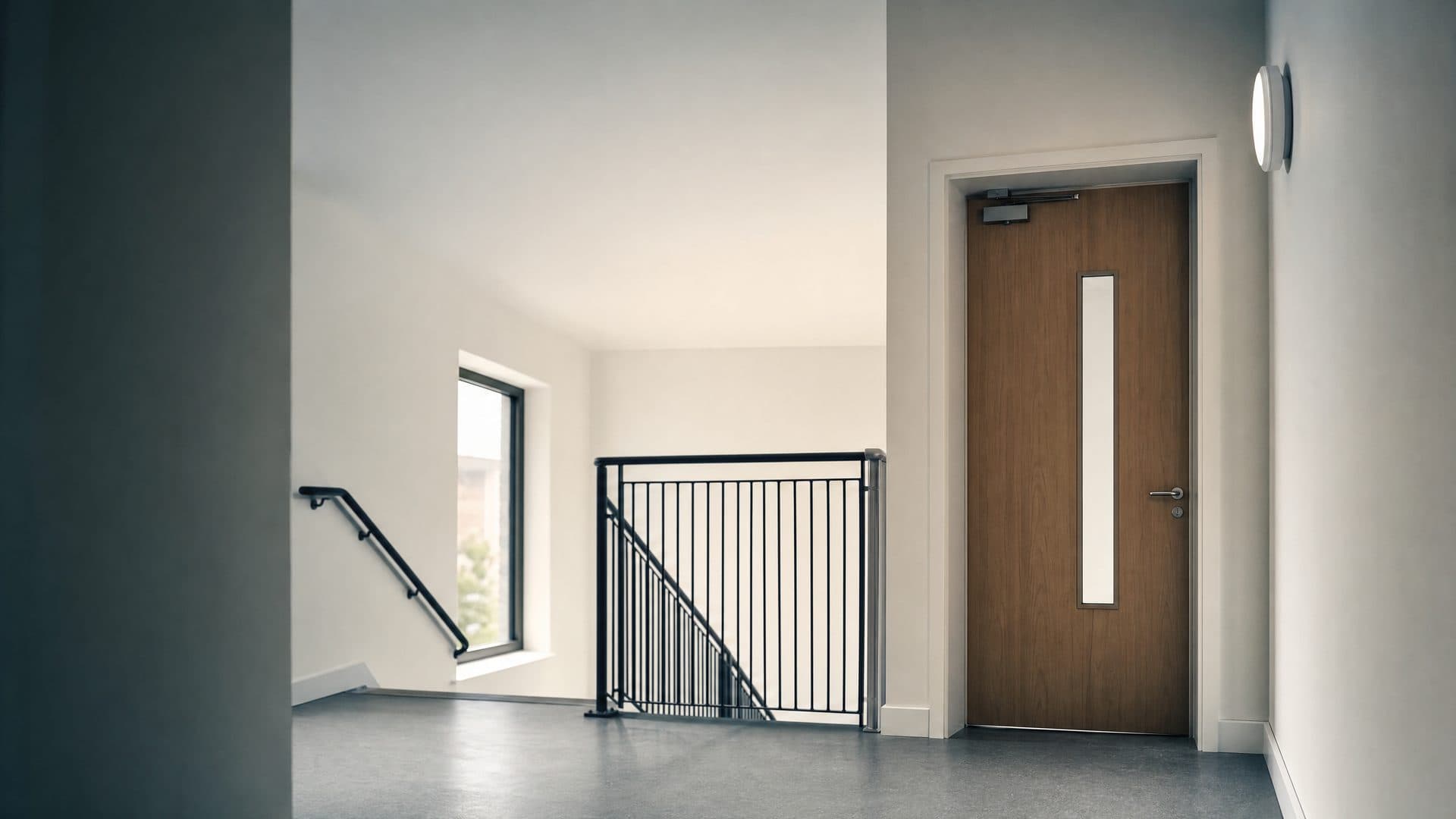 Illustrative: a communal landing with a closed fire door in a residential block