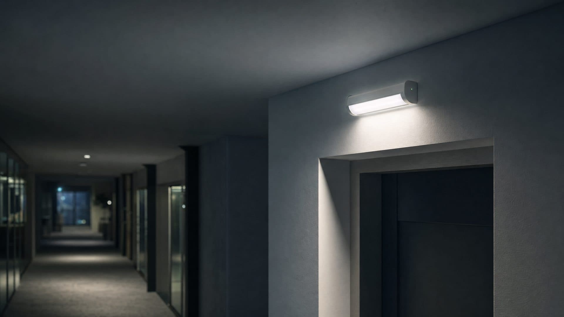 Illustrative: an emergency luminaire lit above a corridor doorway