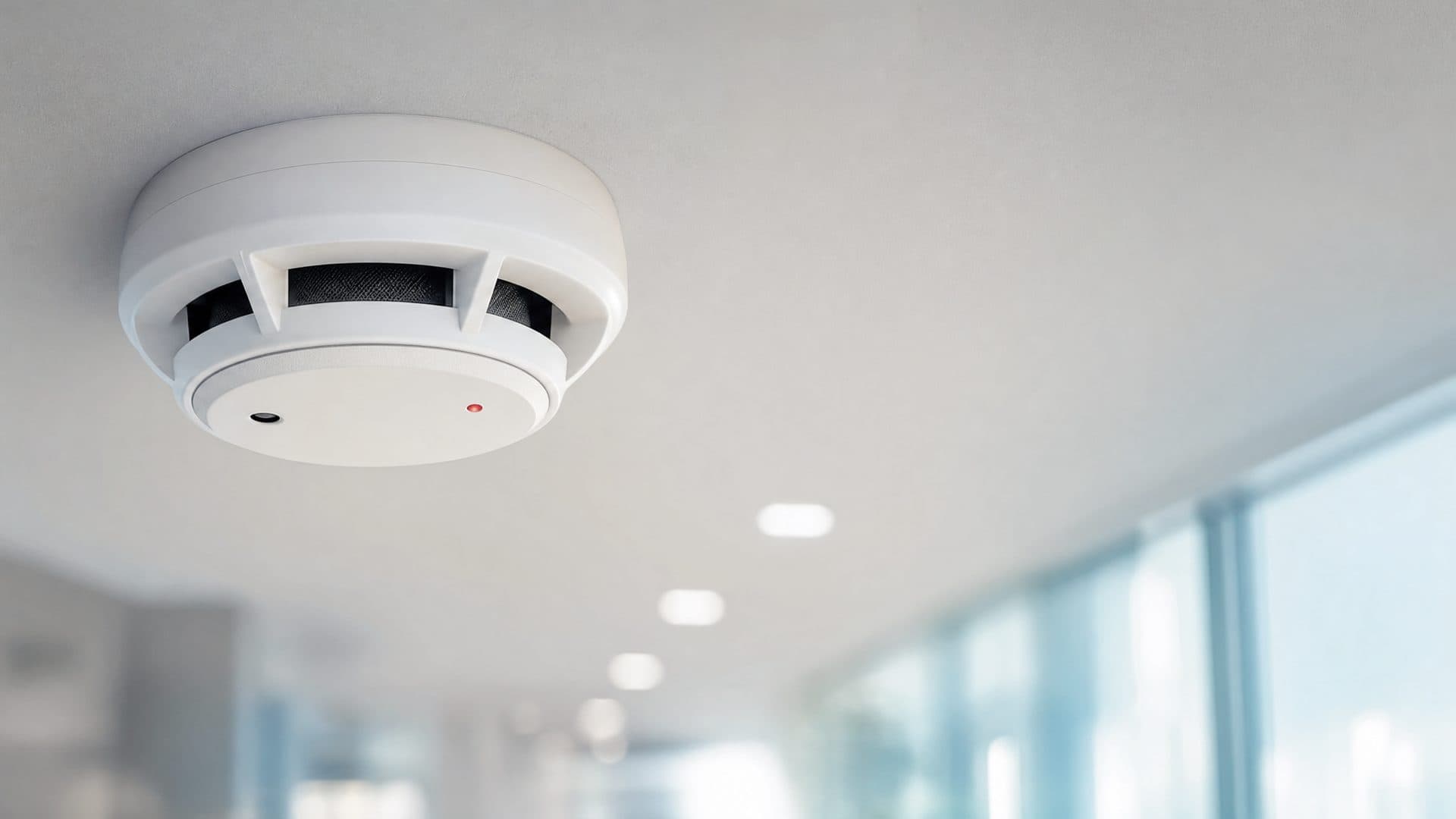 Illustrative: an optical smoke detector on an office ceiling