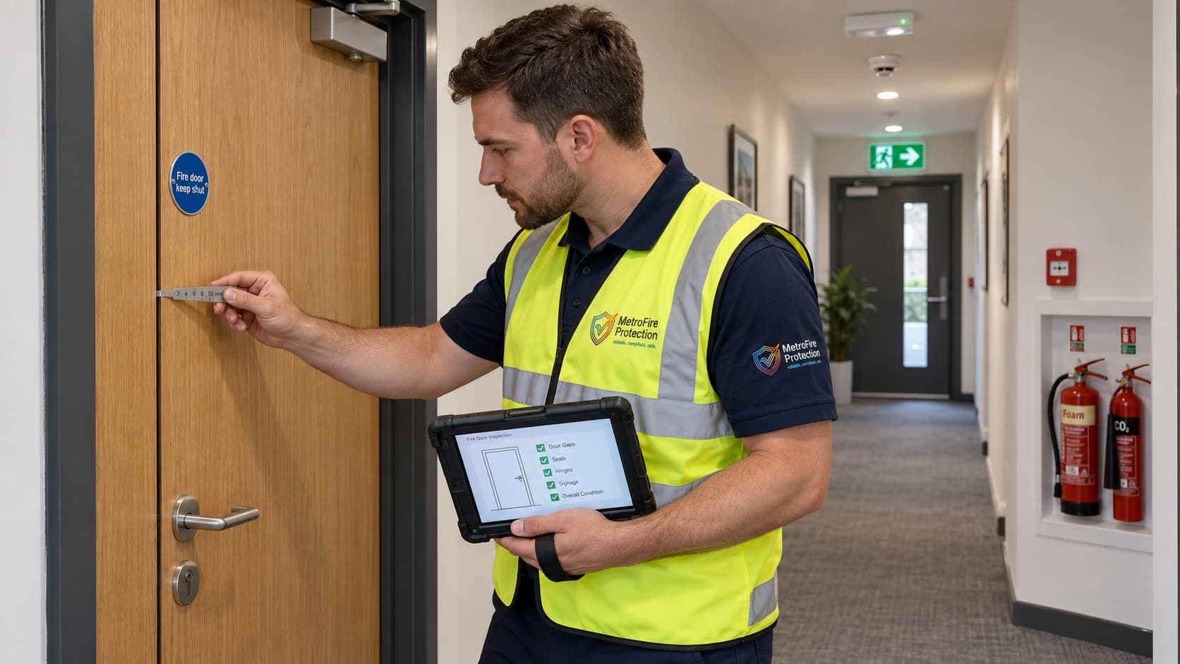 Illustrative: an engineer taking a gap reading on a fire door with a stepped gauge