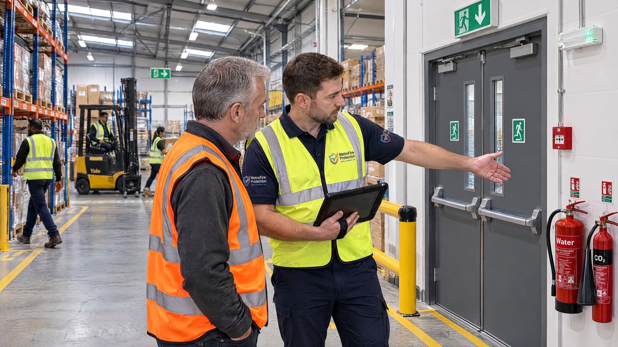 Illustrative: an engineer walking a client to a final exit door in a distribution warehouse