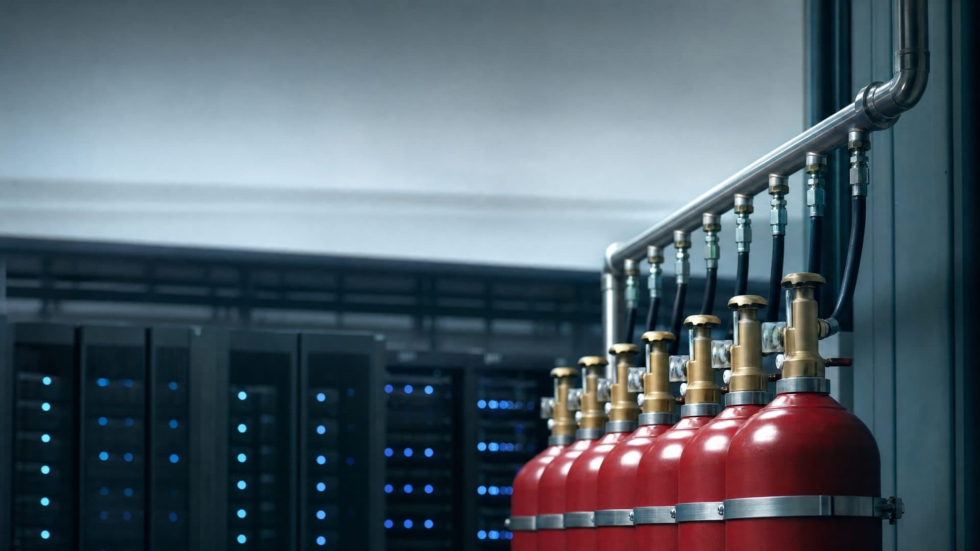 Illustrative: a bank of fixed-system gas cylinders in a server room